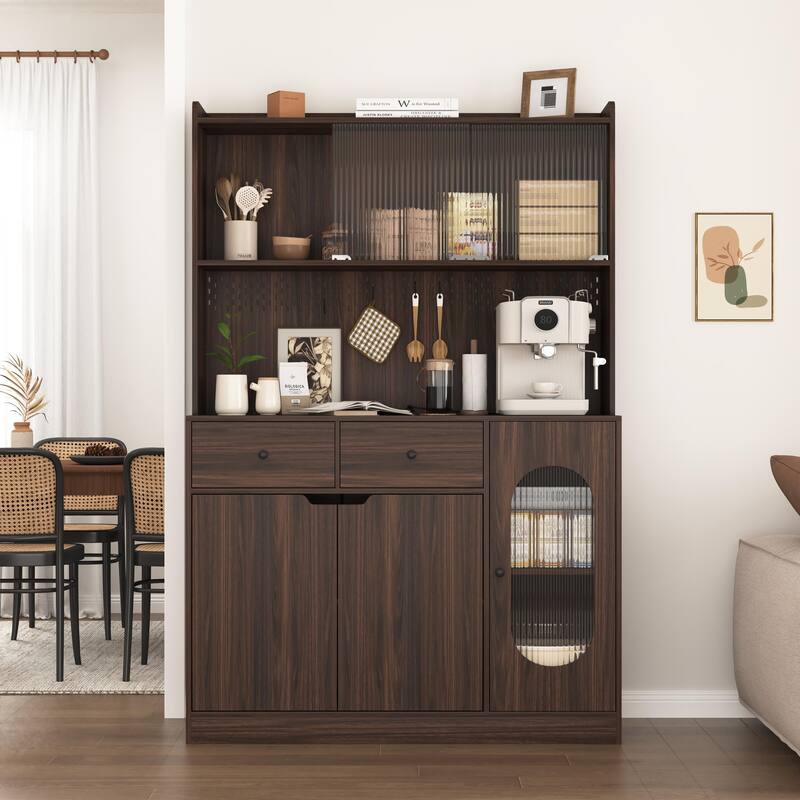 Anmytek Large Capacity 71 Inch Tall Kitchen Pantry Cabinet Reeded Glass Doors Microwave Stand Bakers Storage Rack