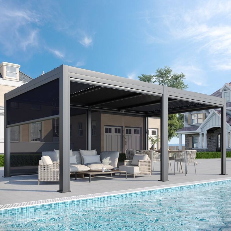 Erommy Outdoor Louvered Pergola Gazebo with Adjustable Aluminum Rainproof Roof and Pull-Down Screen