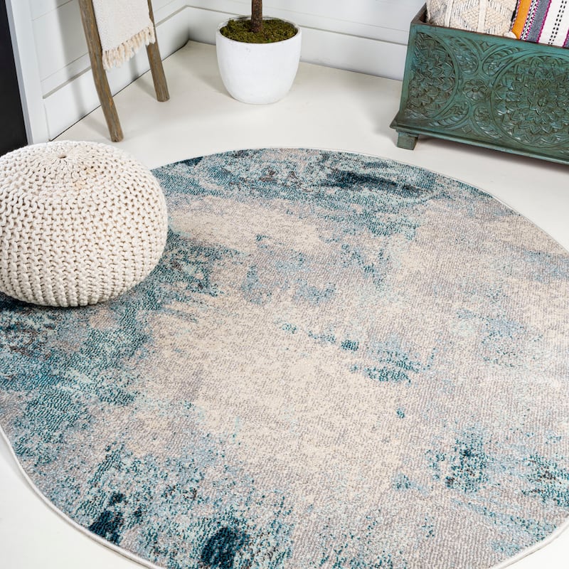 JONATHAN Y Groovy POP Modern Abstract Vintage Area Rug - 4' Round - Cream/Blue