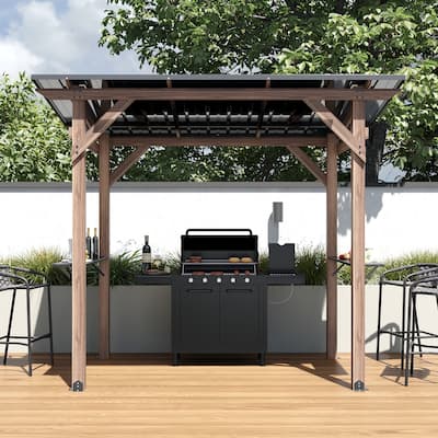 Outdoor Cedar Wood BBQ Grill Gazebo with Steel Hardtop Roof and Dual Side Bar Shelves