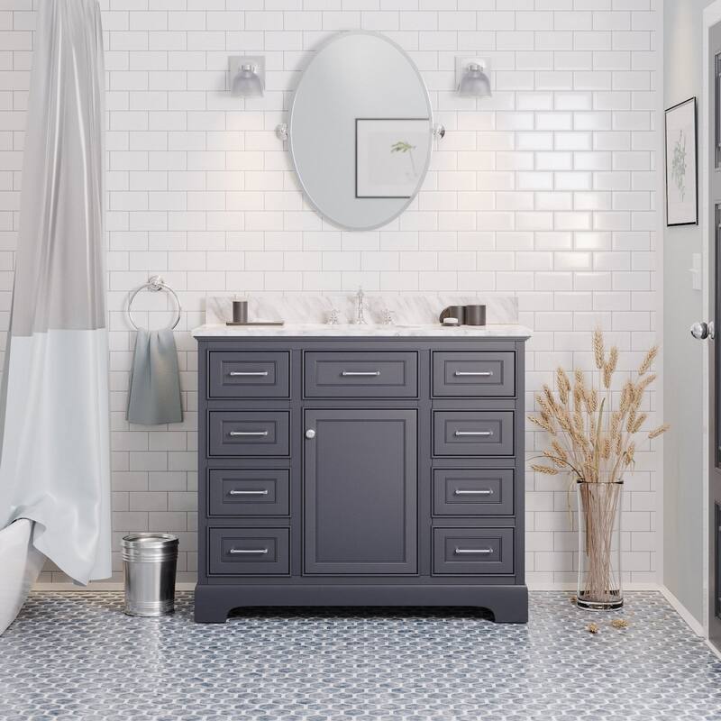 KitchenBathCollection Aria 42" Bathroom Vanity with Carrara Marble Top - Marine Gray
