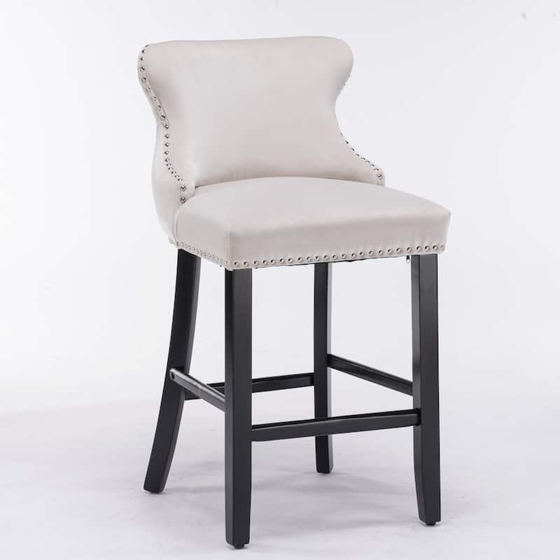 Roomfitters Velvet Wing-Back Bar Stools Set of 2, Tufted Upholstered Counter Chairs with Nailhead Trim and Wooden Legs