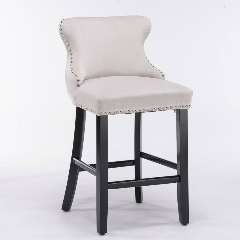 Velvet Wingback Bar Stools Set of 2, Button Tufted Dining Chairs with Footrest, Upholstered Counter Stools with Wooden Legs