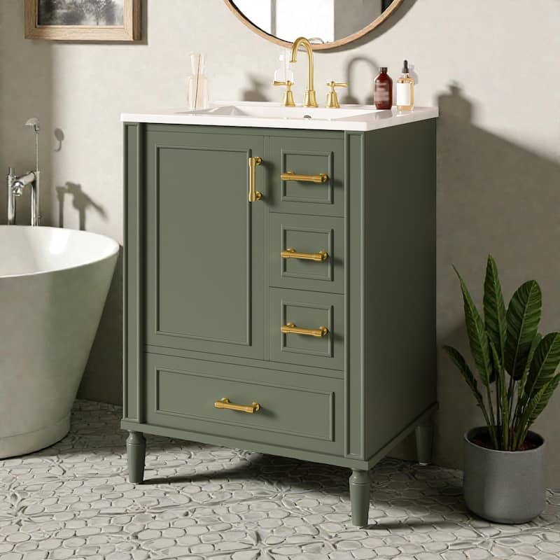 24" Modern Bathroom Vanity with Ceramic Sink, 3 Drawers, Soft-Close Door, Gold Handles, Space-Saving Storage