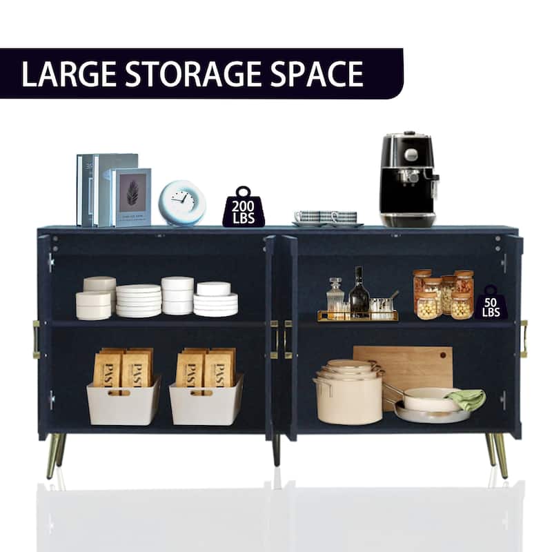 Modern Lacquered 4-Door Wooden Sideboard Buffet Cabinet with Adjustable Shelves and Gold Accents.