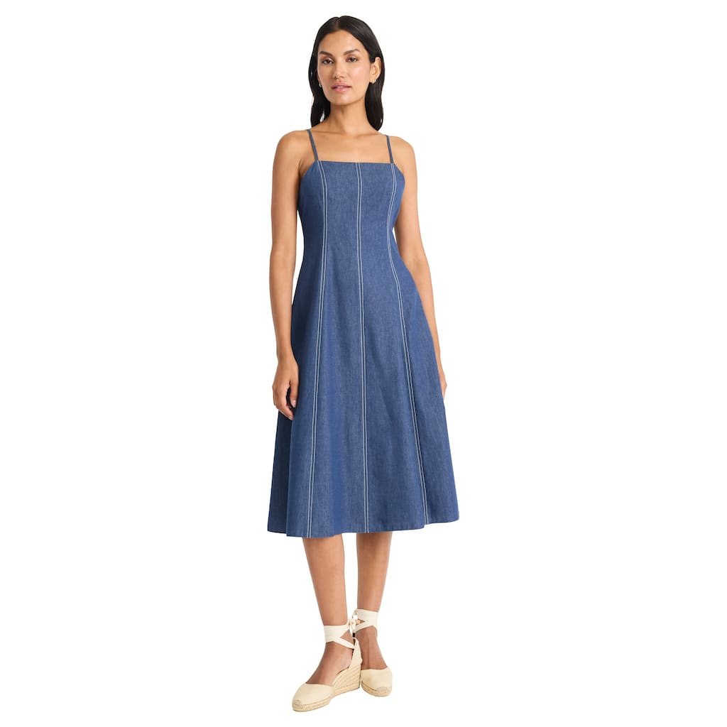 Square Neck Sleeveless A-Line Midi Dress With Contrast Topstitching And Back Zipper