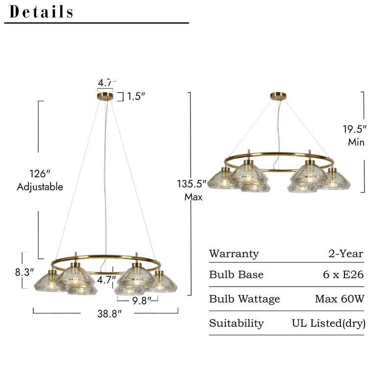 Modern 6-Light Chandelier Gold Ring with Mercury Glass for Kitchen Dining Room - 38.8 " L × 8.3 " H