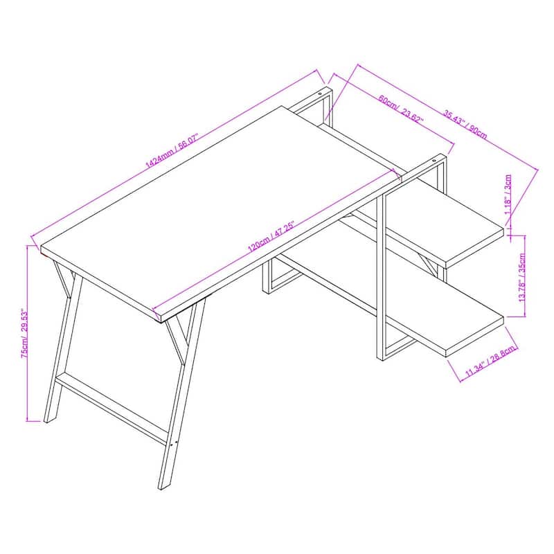 L - Shaped Home Office Desk with 2 Walnut Shelves