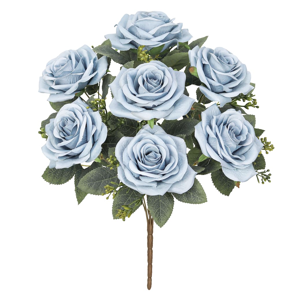 Set of 2 Dusty Blue Artificial Queen Tea Rose Flower Stem Bush Bouquet 17in - 17" L x 9" W x 9" DP