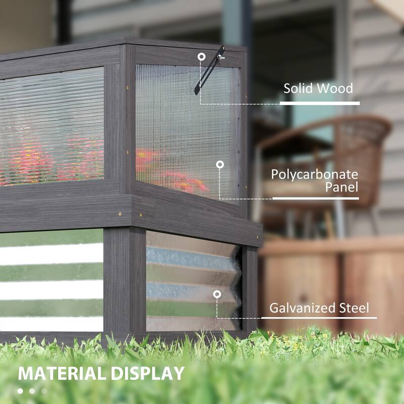 Outsunny Raised Garden Bed with Polycarbonate Greenhouse, Lean-to Garden Wooden Cold Frame Greenhouse