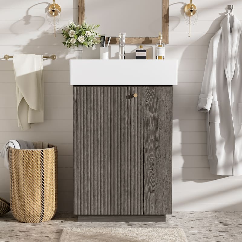 21.6" Bathroom Vanity With Ceramic Sink, Freestanding Modern Left Door Wood Grain Cabinet With Open And Closed Storage - Dark Gray