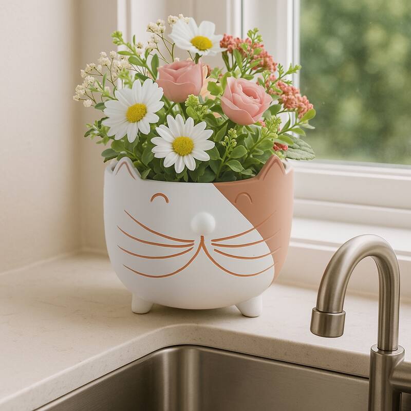 Artistic Kitty Whiskers Footed Planter - 6", White & Pink - 6.0"