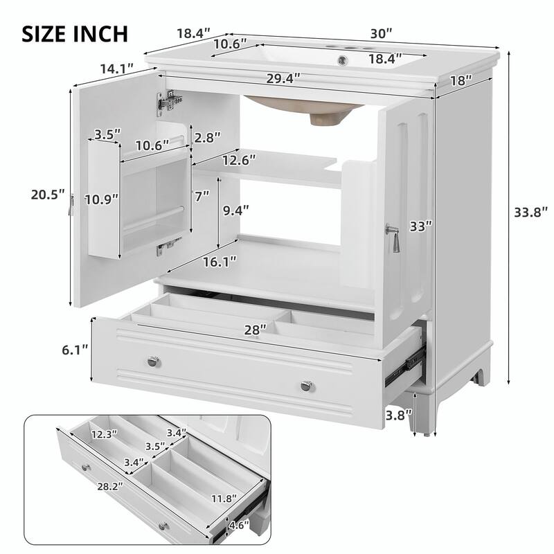 30" Bathroom Vanity with Ceramic Sink - Solid Wood Frame Bathroom Sink Cabinet with Adjustable Shelf