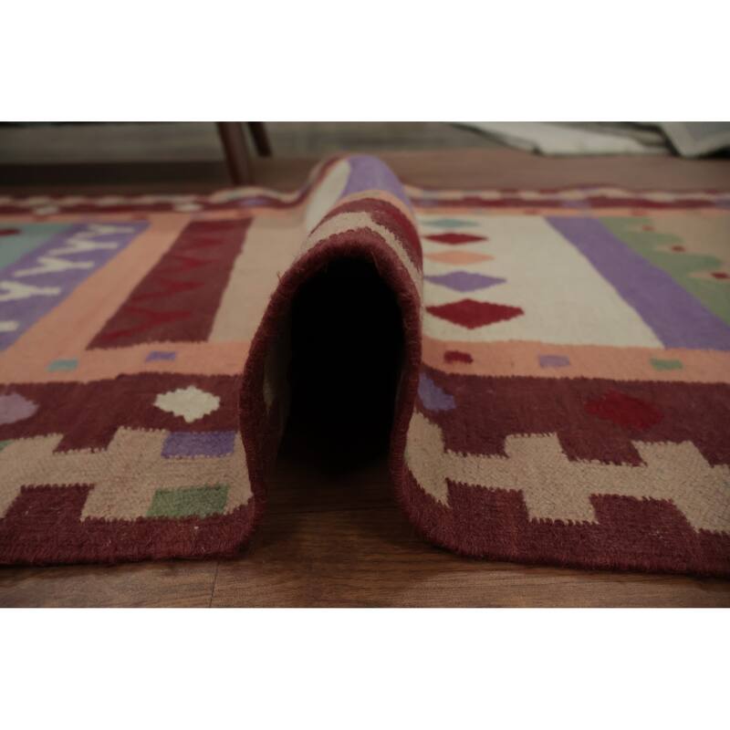 Hand Woven Oriental 100% Wool Carpet Southwestern Tribal Multi-Colored Kilim Runner Rug - 12' 10'' X 3' 3''