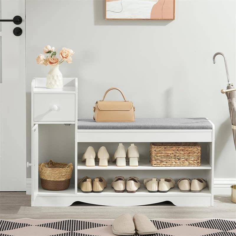 Entryway Storage Bench with Drawer and Cabinet - 11.8"D x 39.3"W x 26.7"H
