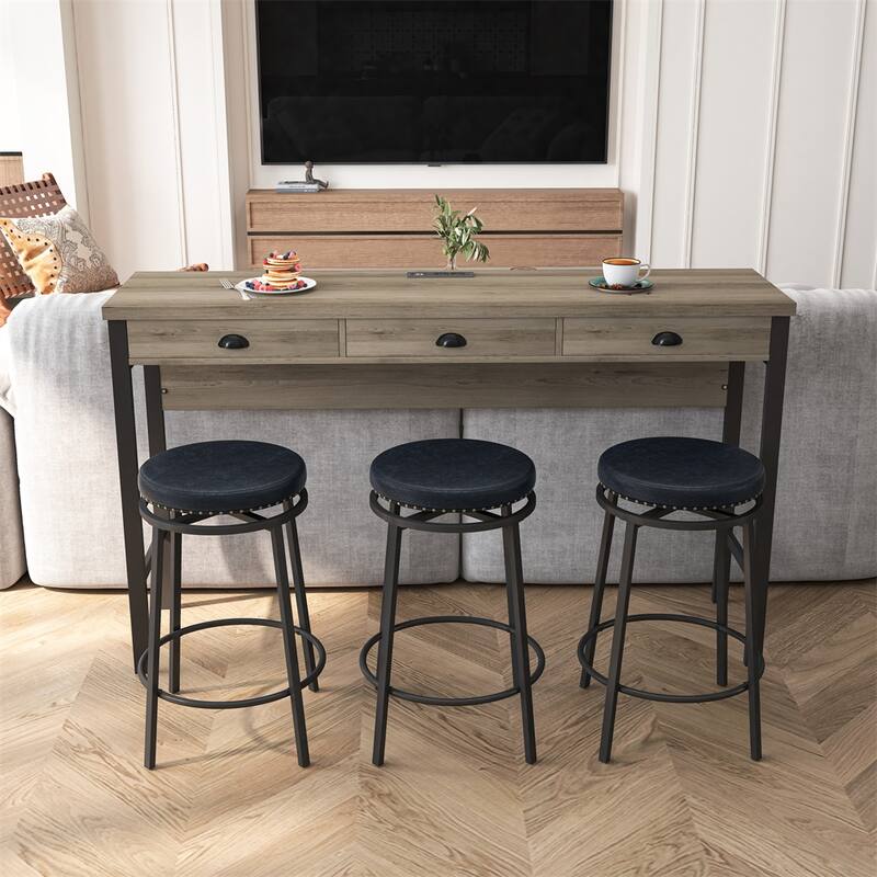 Long Dining Table Set w/Power Outlets,Bar Kitchen Table Set w/Stools - Brown Gray Table+Black Stool