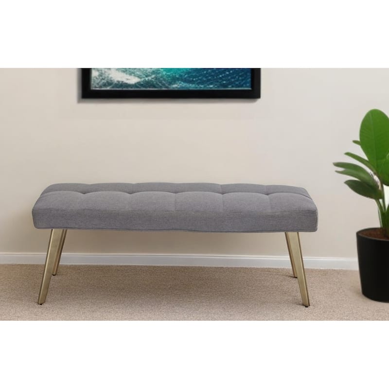 HomeRoots 47" Gray and Antiqued Brass Upholstered Linen Blend Dining Bench - 47.2 - 47.2