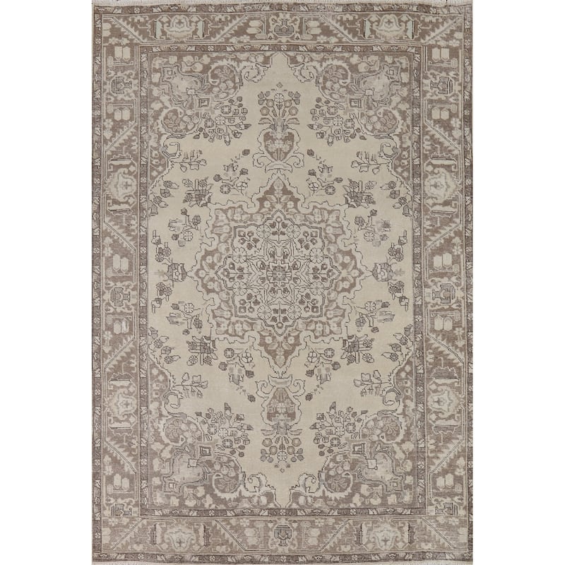 Distressed Tabriz Vintage Persian Rug Hand-Knotted Blue Wool Carpet - 6'7" x 9'6"