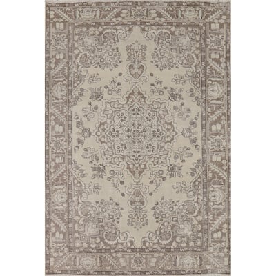 Distressed Tabriz Vintage Persian Rug Hand-Knotted Blue Wool Carpet - 6'7" x 9'6"