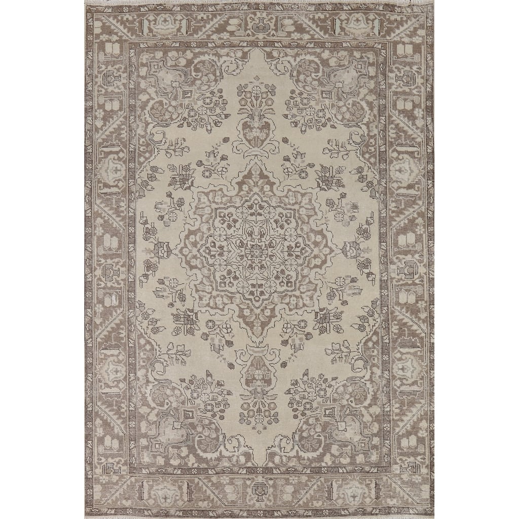 Distressed Tabriz Vintage Persian Rug Hand-Knotted Blue Wool Carpet - 6'7" x 9'6"