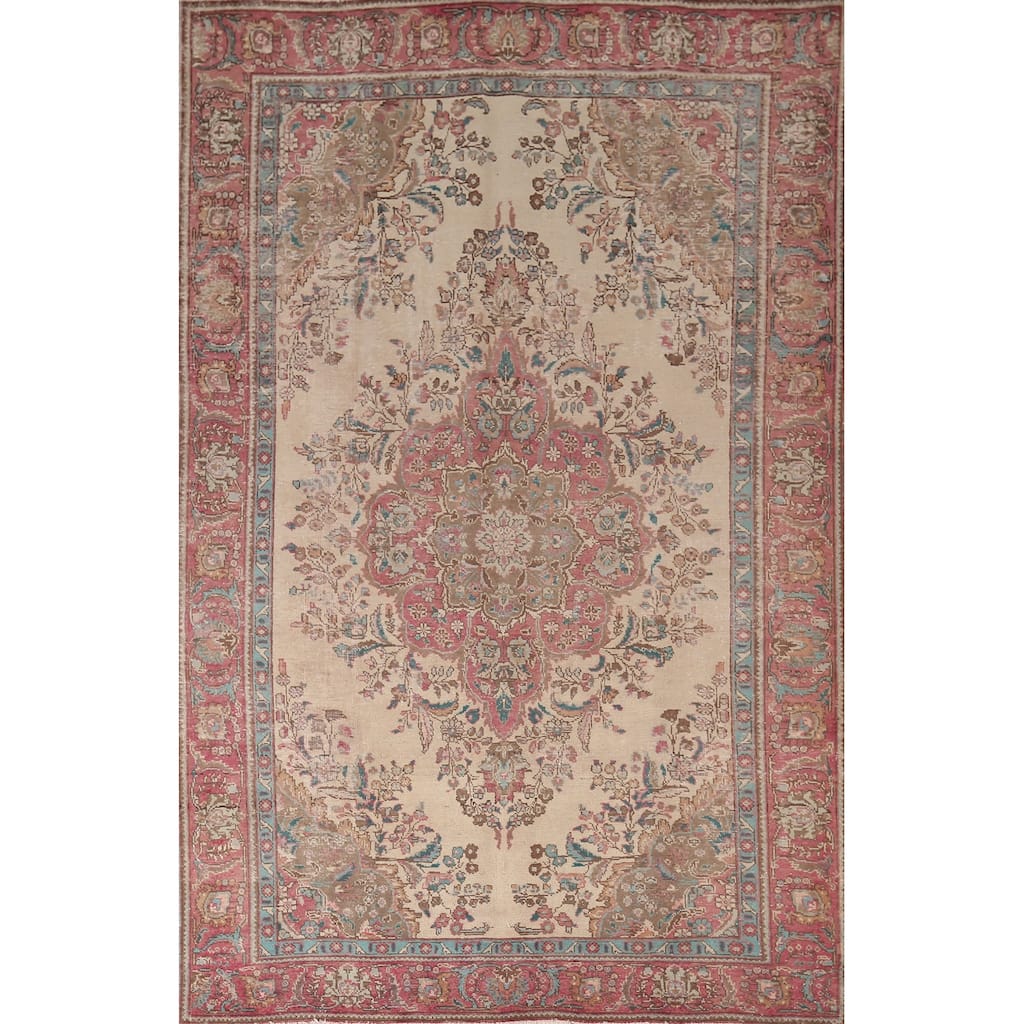 Tabriz Persian Vintage Rug Hand-Knotted Beige Floral Wool Carpet - 6'3"x 9'6"
