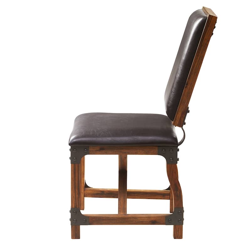 Roomfitters Industrial Dining Chair, Faux Leather Upholstered High-Back with Cross-Beamed Solid Wood Frame, Chocolate
