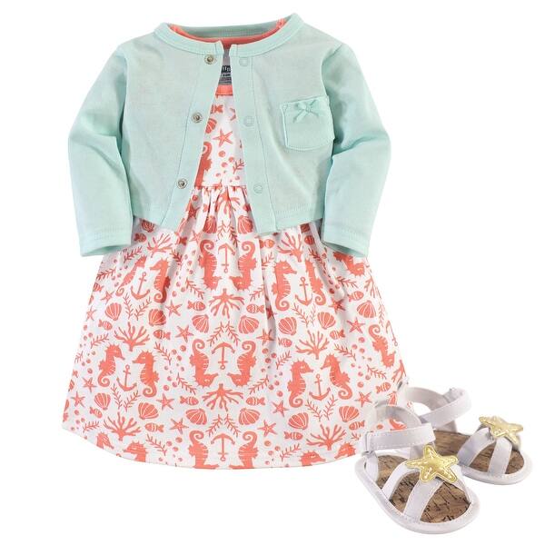 slide 1 of 1, Hudson Baby Infant Girl Cotton Dress, Cardigan and Shoe 3pc Set, Sea 0-3 Months - Sea