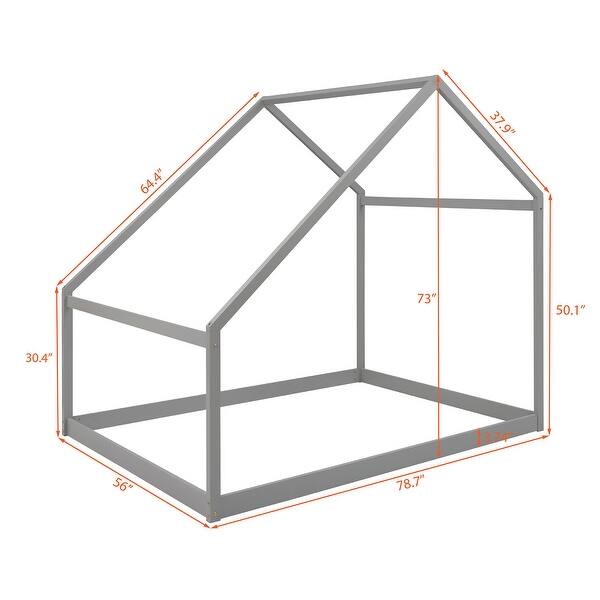 dimension image slide 2 of 6, Wooden Twin/Full Bed Frames with Roof, Montessori House Shaped Floor Bed for Kids Girls Boys, Sturdy Framework, Easy Assembly