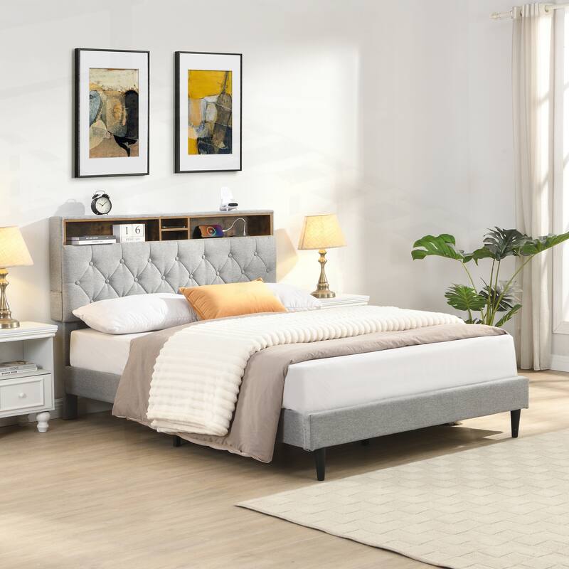 Modern Platform Bed Frame with Tufted Headboard and Multiple Functionalities