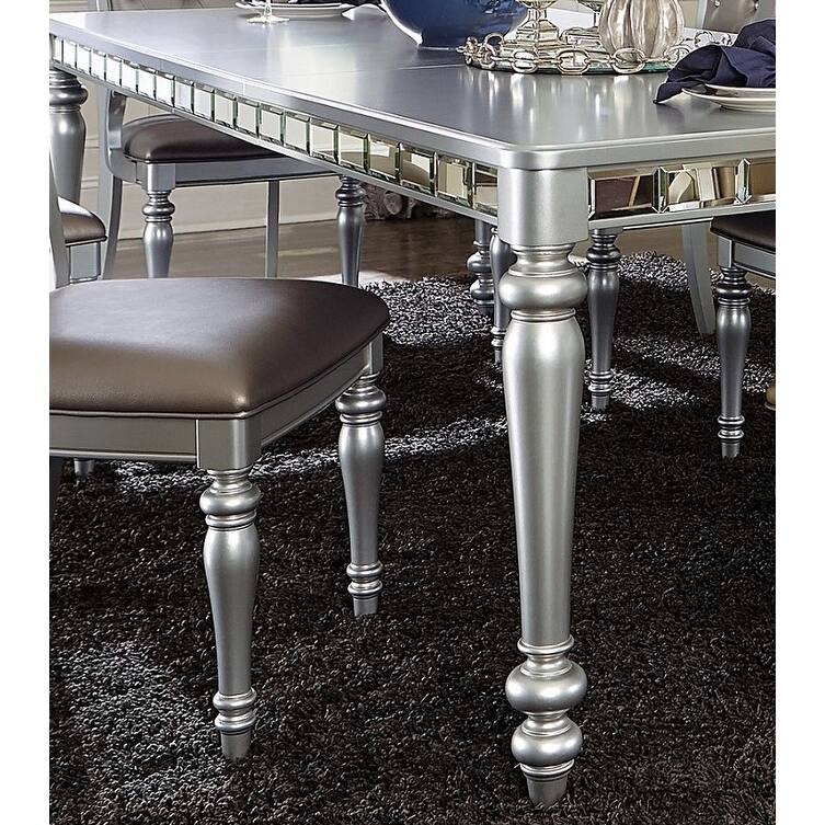 Glamourous Silver Finish Rectangular Dining Table 1pc Draw Leaf Mirror Trim Apron Dining Room Furniture