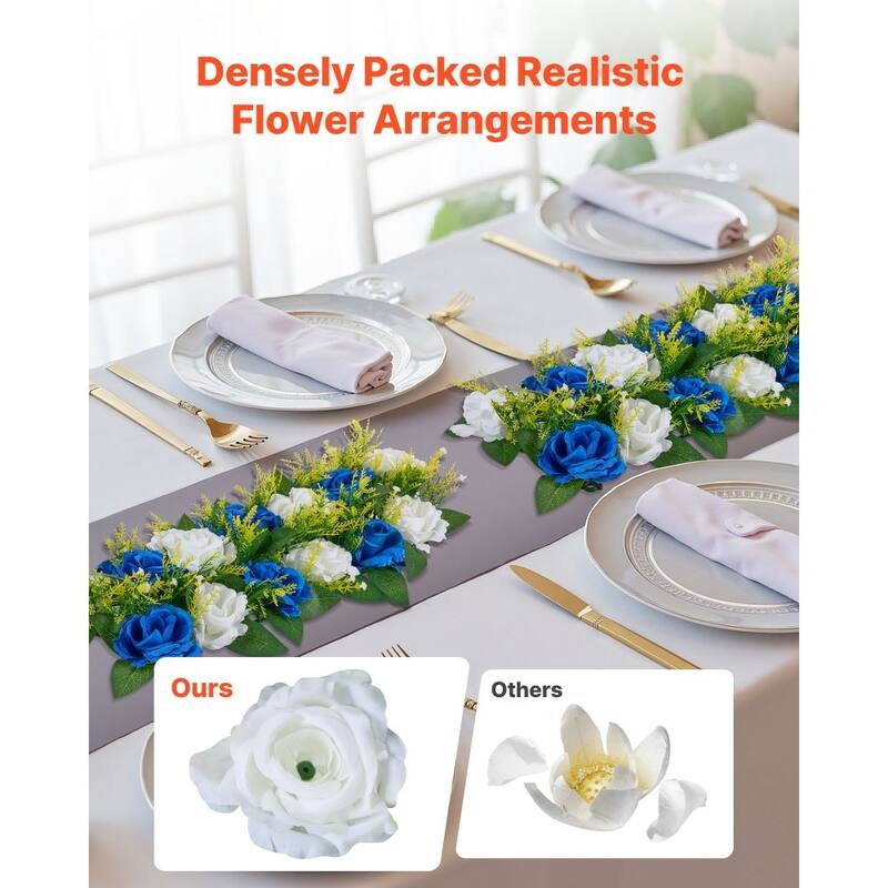 Blue-White Silk Rose Linear Centerpieces Set of 10 with Stable Base - 19.7 x 8.7 x 4.27 inch