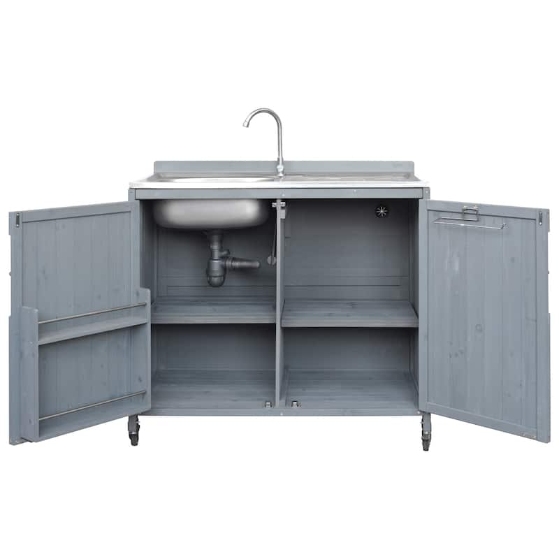 39.4" Outdoor Kitchen Island with Sink, Outdoor Kitchen Cabinet with Back Splash & 4 Wheels for Pizza Prep