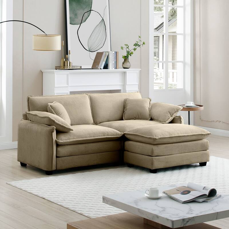 Tan 3-piece Corduroy Upholstered L-Shaped Modular Sectional Sofa with Removable Ottoman, 4 Pillows, and Free Combination