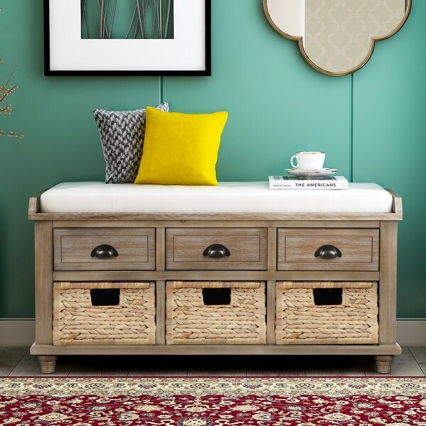 Rustic Storage Bench with 3 Drawers and 3 Rattan Baskets Bed