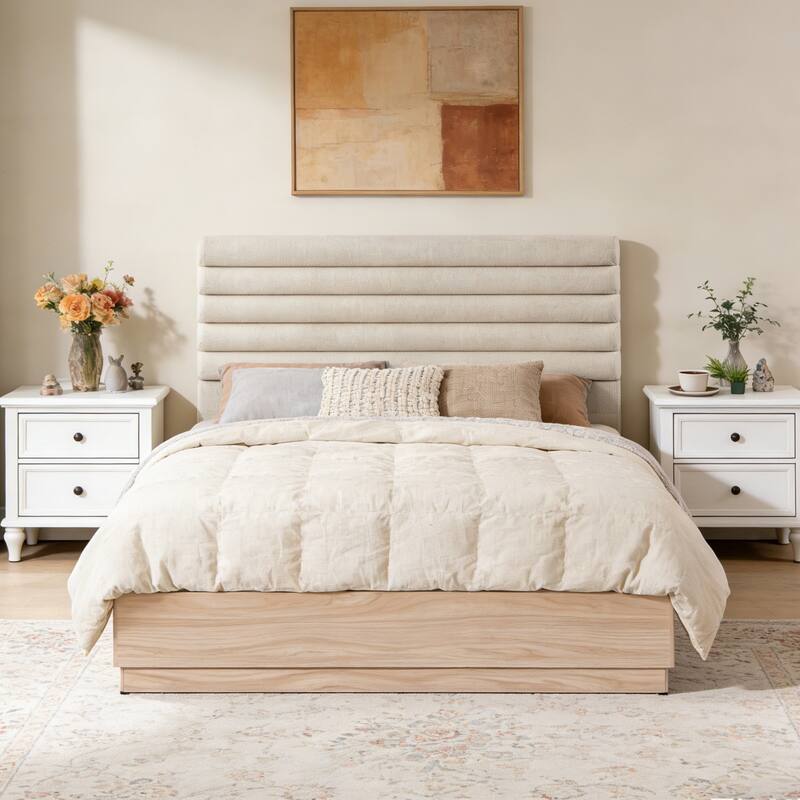 Roomfitters Queen Wood Platform Bed Frame with Taupe Boucle Upholstered Headboard and Natural Finish Foundation, Taupe - Taupe+Natural