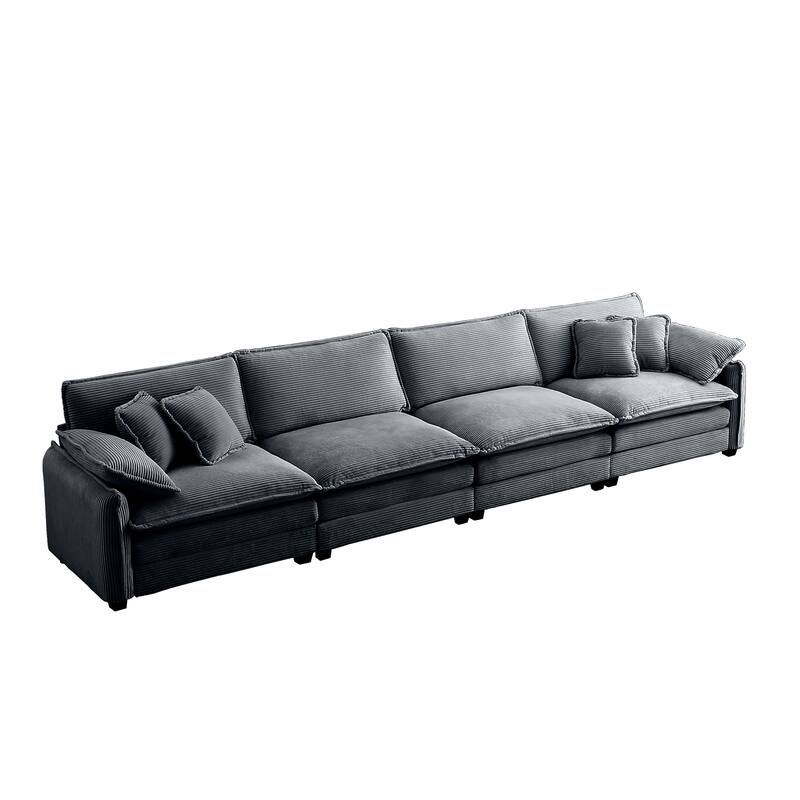 Grey 150" Corduroy 4-Seater Modular Sectional Sofa, 6 Pillows & Free Combination