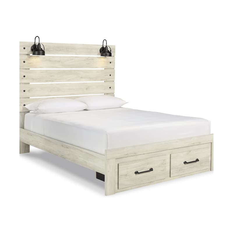 Cambeck Whitewashed Panel Bed w/ 2 Footboard Storage Drawers
