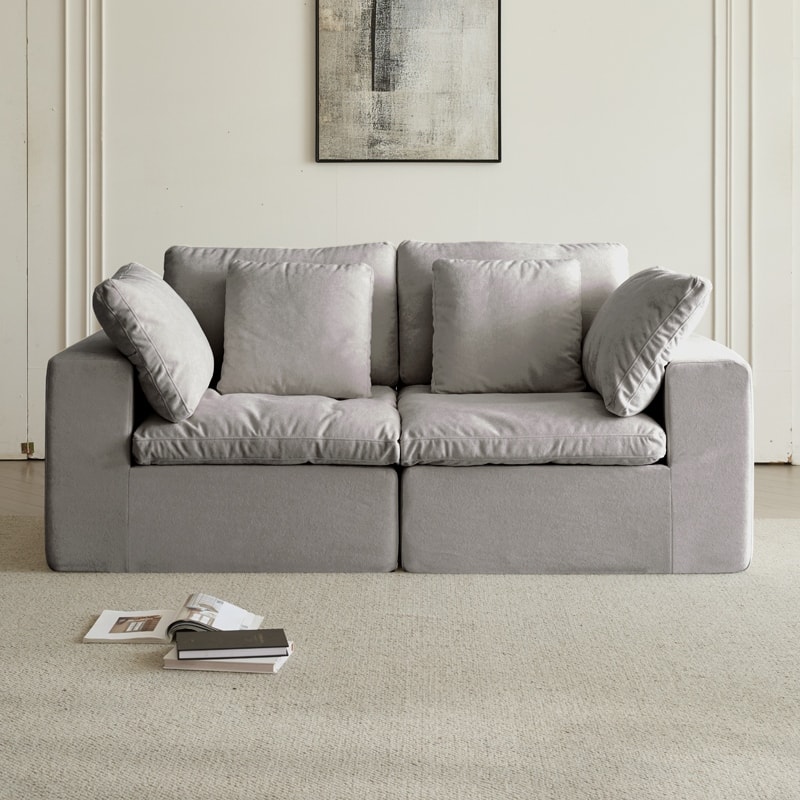 Flannel Modular Sectional Loveseat Sofa with Square Arms and Pillows - Grey