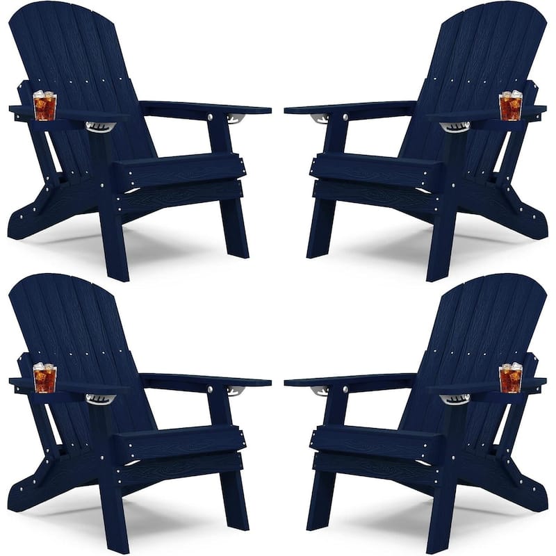 WINSOON All Weather HIPS Folding Adirondack Chair with Ottoman, 5-Gear Adjustable Backrest and Retractable Ottoman Set of 4