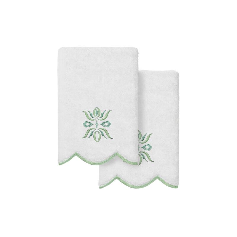 Authentic Hotel and Spa 100% Turkish Cotton FLOWER CREST Scallop Towel Collection - White/Green - 2 Fingertip Towels
