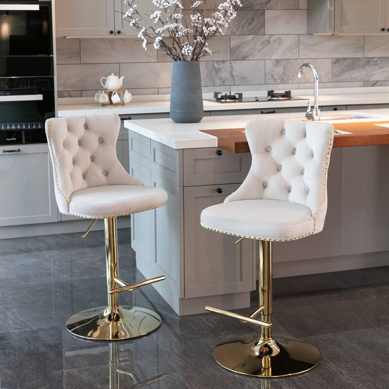 Modern Upholstered Chrome Base Bar Stools with Backs Tufted Adjustable