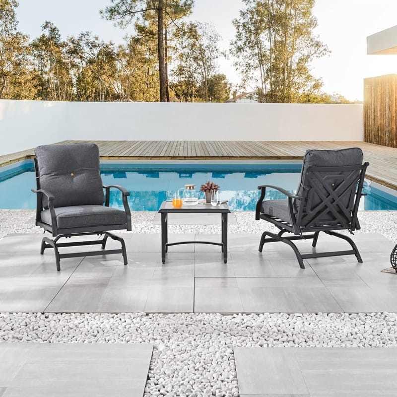 3-Piece Outdoor Metal Rocking-Motion Conversation Bistro Set - Dark Gray