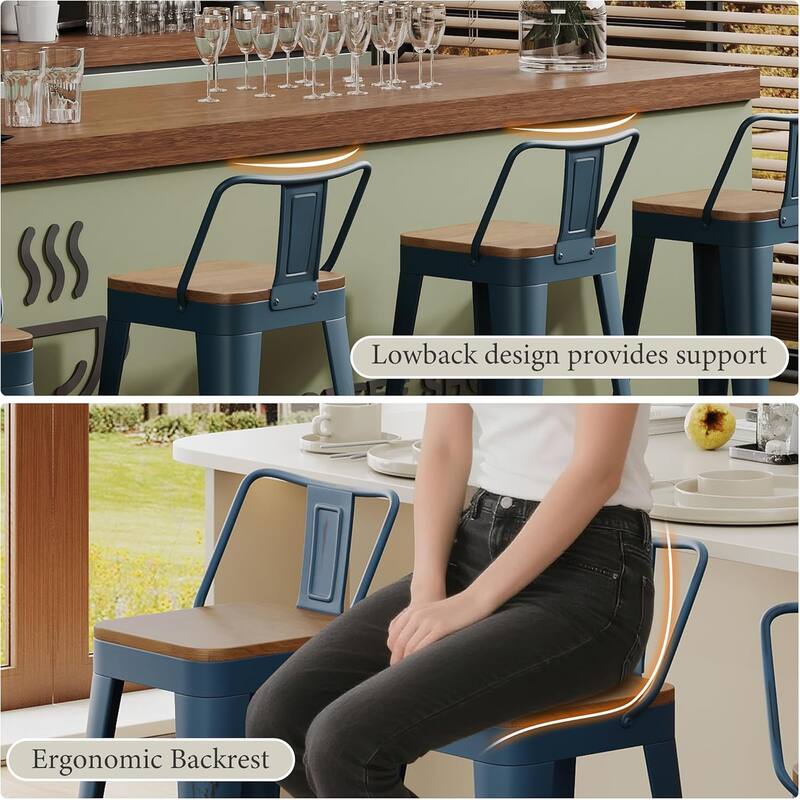 Industrial Style Bar & Counter Stools with Metal Frame Kitchen 26" and 30" Seat Height Stools with Low Back and Wooden Seat