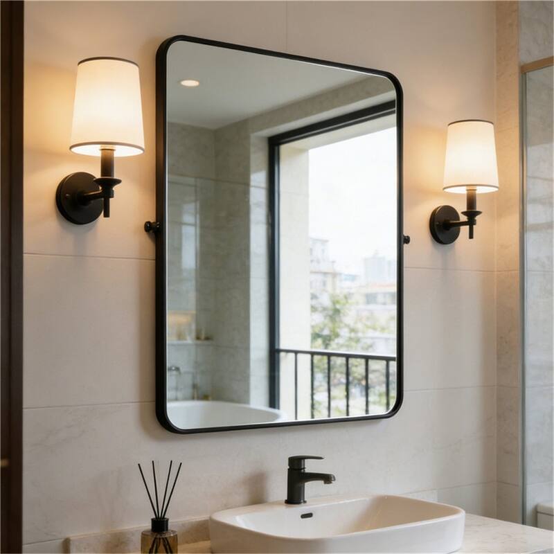 Matte Black Pivot Mirror for BathroomTilt Rounded Rectangle Vanity - 24" x 32"