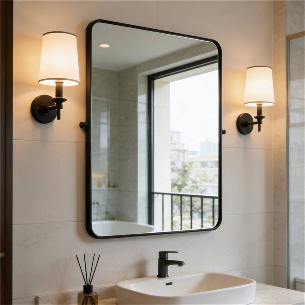 Matte Black Pivot Mirror for BathroomTilt Rounded Rectangle Vanity