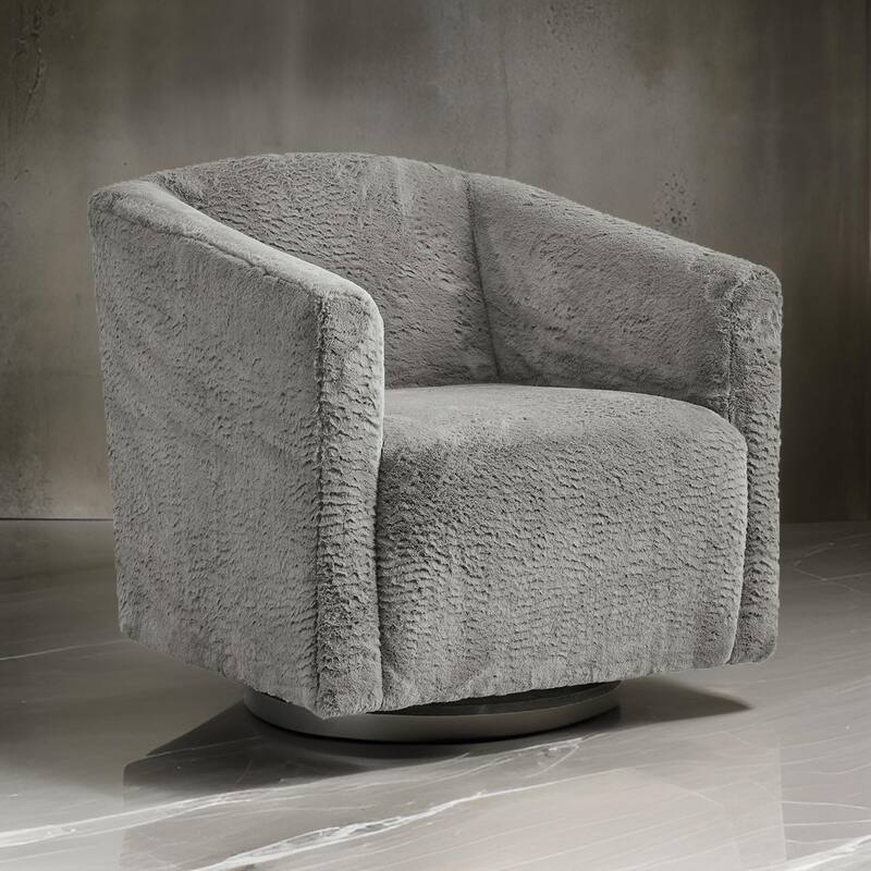 Amanora Accent Chair, Charcoal Gray Faux Rabbit Fur Polyester, Black Metal