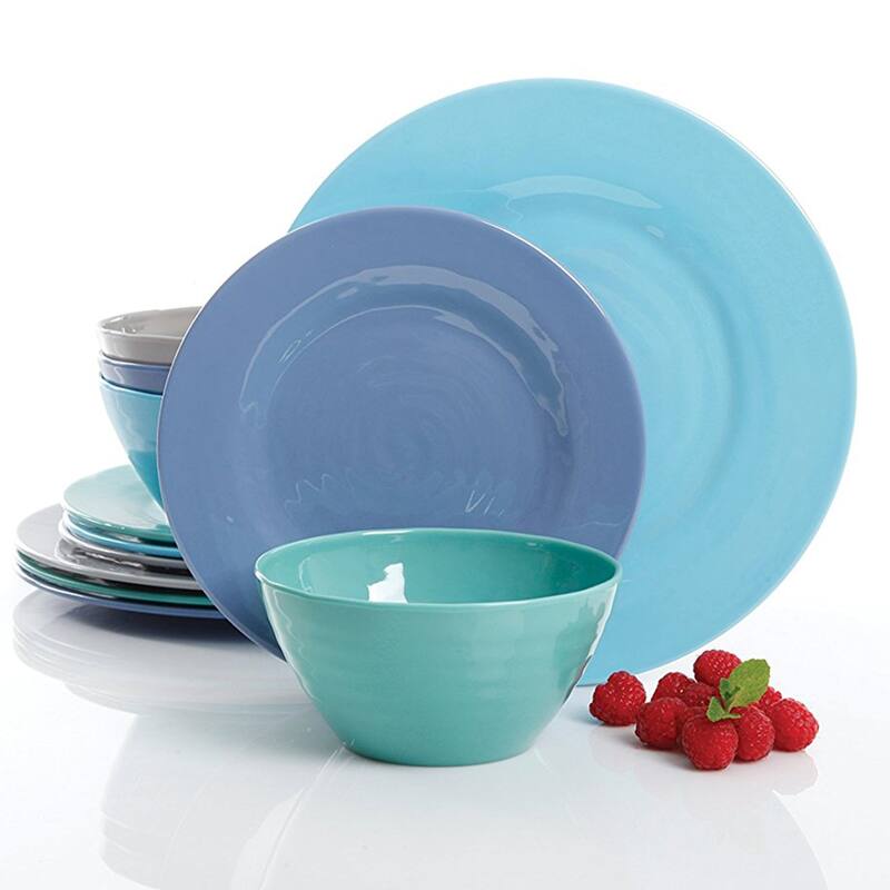 Yecla 12 Piece Melamine Dinnerware Set in Assorted Blues