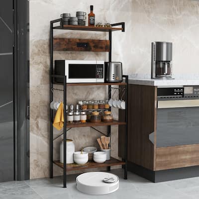 4-Tier Rustic Brown Kitchen Baker’s Rack with Charging Station and Hooks Storage Shelf - 23" × 13" × 54" (L x W x H)