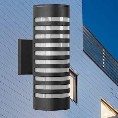11.81 in. 2-Light Black Cylinder Modern E26 Base LED Indoor/Outdoor Porch Light Wall Lantern Sconce - N/A