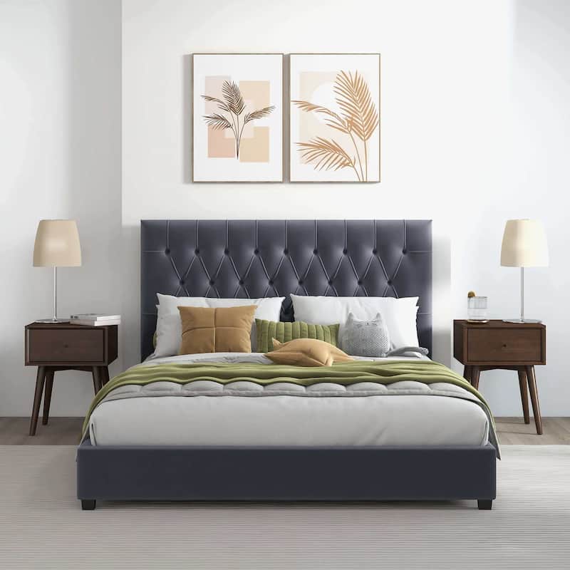 Donald Velvet Upholstered Platform Bed with Tufted Headboard, Solid Wood Legs, No Box Spring Required